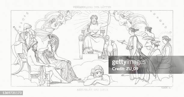 the council of the gods (iliad), steel engraving, published 1833 - mount olympus stock illustrations