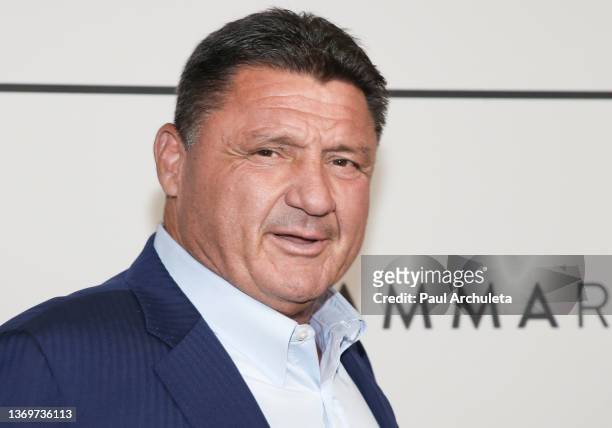 College Football Coach Ed Orgeron attends the Big Game Kick-Off event hosted by Merging Vets and Players at Academy LA on February 09, 2022 in Los...