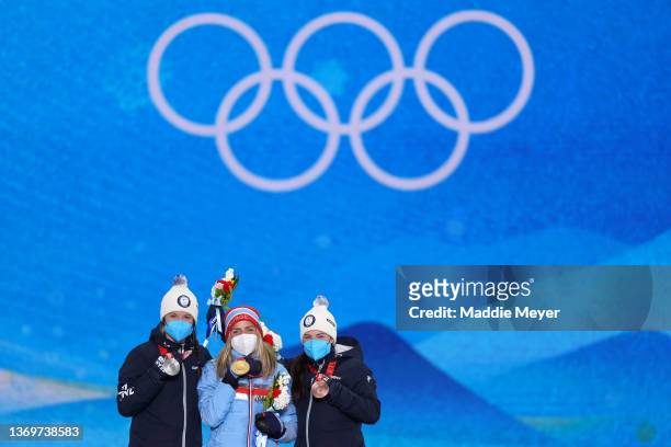 Gold medallist, Therese Johaug of Team Norway , Silver medallist, Kerttu Niskanen of Team Finland and Bronze medallist, Krista Parmakoski of Team...