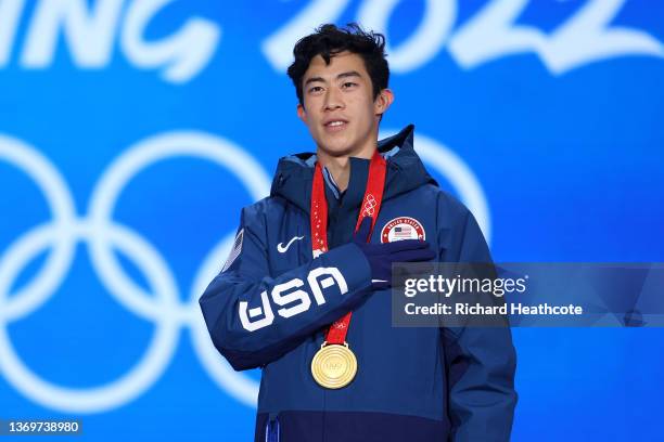 Gold medallist, Nathan Chen of Team United States celebrates during the Figure Skating Men Single Skating medal ceremony on Day 6 of the Beijing 2022...