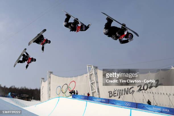 February 10: A montaged action sequence of gold medal winner Chloe Kim of the United States in action during competition in the Women's Snowboard...