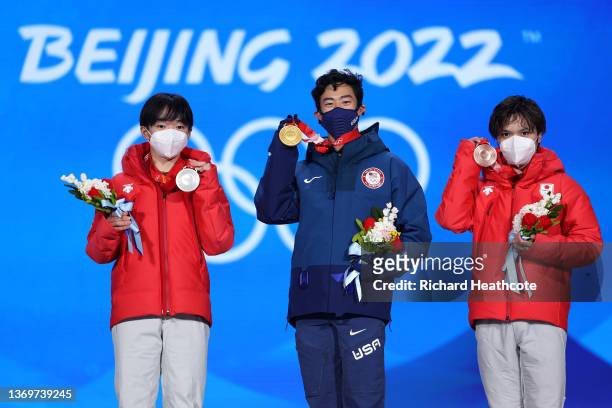 Gold medallist, Nathan Chen of Team United States , Silver medallist, Yuma Kagiyama of Team Japan and Bronze medallist, Shoma Uno of Team Japan pose...