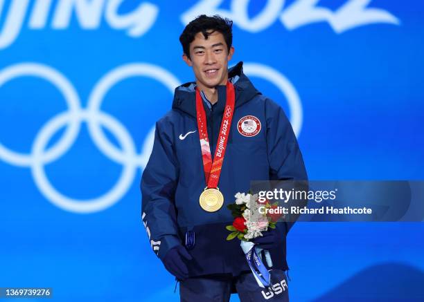 Gold medallist, Nathan Chen of Team United States celebrates during the Figure Skating Men Single Skating medal ceremony on Day 6 of the Beijing 2022...