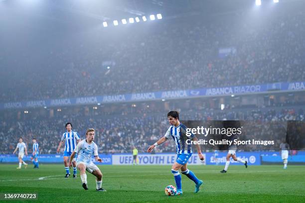 Dani Barcia of RC Deportivo in action during the UEFA Youth League Play-off match between RC Deportivo and Dinamo Kiev at Abanca Riazor Stadium on...