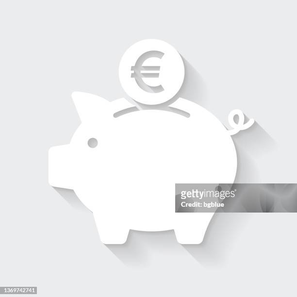 ilustrações, clipart, desenhos animados e ícones de cofrinho com moeda euro. ícone com sombra longa em fundo em branco - design plano - cofre de porquinho