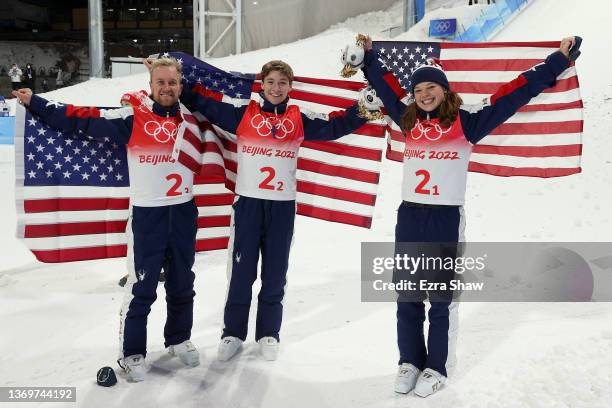 Gold medallists Justin Schoenefeld, Christopher Lillis and Ashley Caldwell of Team United States pose during the Freestyle Skiing Mixed Team Aerials...