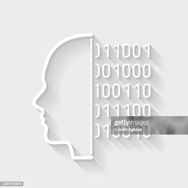 human face with binary code. icon with long shadow on blank background - flat design - portrait gray background stock illustrations