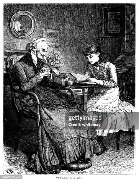 young victorian girl reading to her grandmother - blindness stock illustrations