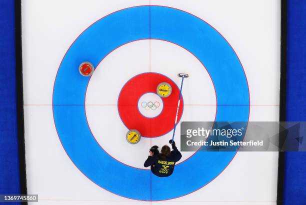 Anna Hasselborg of Team Sweden competes against Team Great Britain during the Women's Round Robin Session Two on Day 6 of the Beijing 2022 Winter...