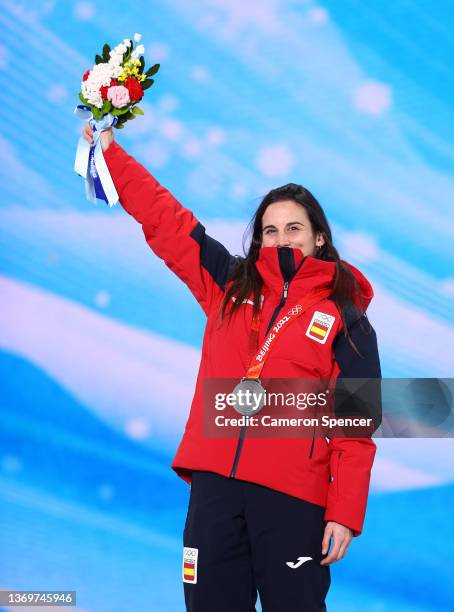 Silver medallist, Queralt Castellet of Team Spain celebrates with their medal during the Women's Snowboard Halfpipe medal ceremony on Day 6 of the...