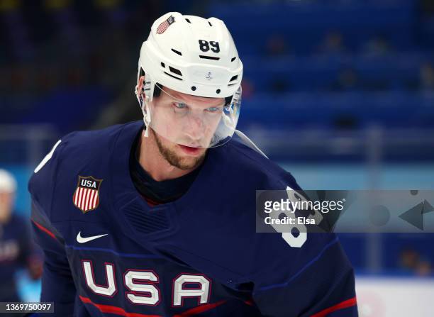 Justin Abdelkader of Team United States warms up before the Men's Ice Hockey Preliminary Round Group A match against Team China on Day 6 of the...