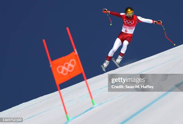 Johannes Strolz of Team Austria skis the downhill run during the Men's Alpine Combined on day six of the Beijing 2022 Winter Olympic Games at...