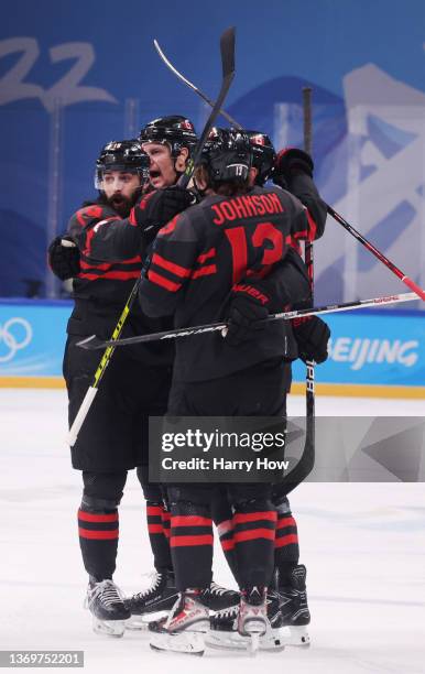 Alex Grant of Team Canada celebrates his goal during the first period against Team Germany during the Men's Ice Hockey Preliminary Round Group A...