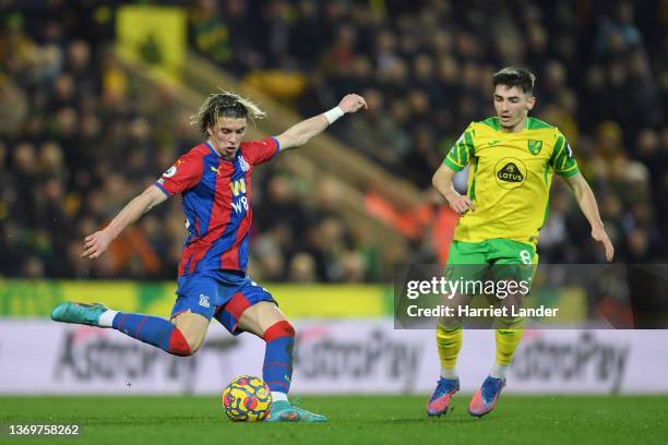 Conor Gallagher of Crystal Palace is challenged by Billy Gilmour of Norwich City during the Premier League match between Norwich City and Crystal...