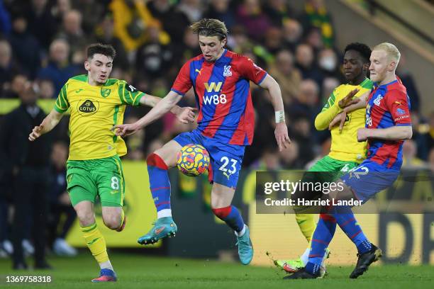 Conor Gallagher of Crystal Palace is challenged by Billy Gilmour of Norwich City during the Premier League match between Norwich City and Crystal...