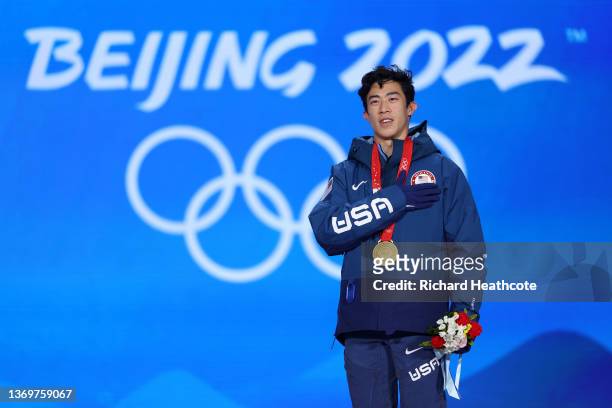 Gold medallist, Nathan Chen of Team United States celebrates during the Figure Skating Men Single Skating medal ceremony on Day 6 of the Beijing 2022...