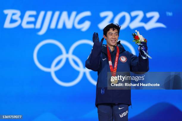 Gold medallist, Nathan Chen of Team United States celebrates during the Figure Skating Men Single Skating medal ceremony on Day 6 of the Beijing 2022...