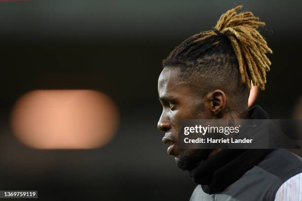 Wilfried Zaha of Crystal Palace looks on prior to the Premier League match between Norwich City and Crystal Palace at Carrow Road on February 09,...