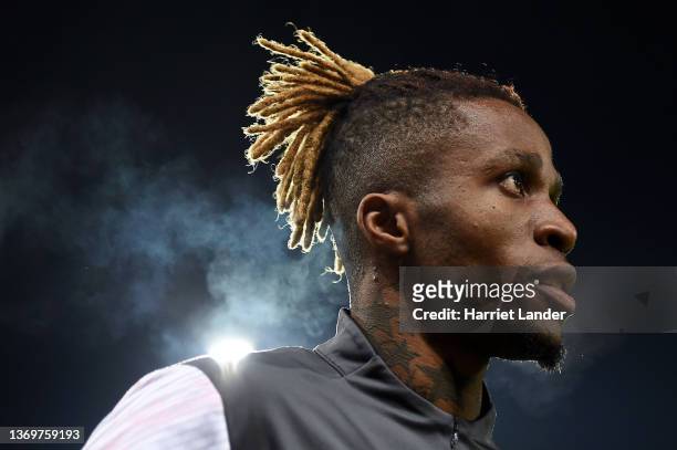 Wilfried Zaha of Crystal Palace looks on prior to the Premier League match between Norwich City and Crystal Palace at Carrow Road on February 09,...