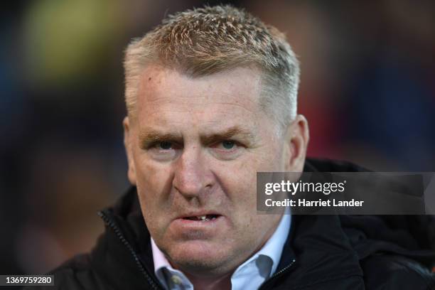 Dean Smith, Manager of Norwich City looks on prior to the Premier League match between Norwich City and Crystal Palace at Carrow Road on February 09,...