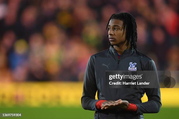 Michael Olise of Crystal Palace looks on prior to the Premier League match between Norwich City and Crystal Palace at Carrow Road on February 09,...