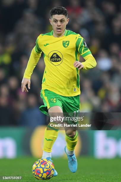 Milot Rashica of Norwich City in action during the Premier League match between Norwich City and Crystal Palace at Carrow Road on February 09, 2022...