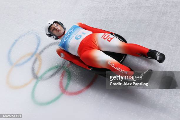 Klaudia Domaradzka of Team Poland slides during the Luge Team Relay on day six of the Beijing 2022 Winter Olympics at National Sliding Centre on...