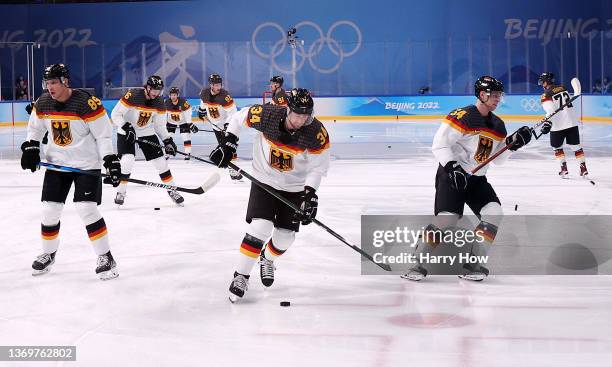Team Germany warms up prior to playing Team Canada during the Men's Ice Hockey Preliminary Round Group A match on Day 6 of the Beijing 2022 Winter...