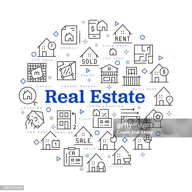 real estate concept. vector design with icons and keywords - balcony icon stock illustrations