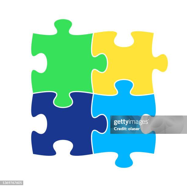 ilustrações de stock, clip art, desenhos animados e ícones de four jigsaw puzzle pieces representing teamwork - jigsaw piece