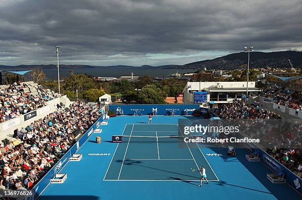 General view of the singles final between Yanina Wickmayer of Belgium and Mona Barthel of Germany during the during day seven of the 2012 Hobart...