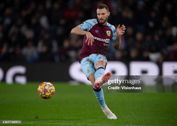 Erik Pieters of Burnley in action during the Premier League match between Burnley and Manchester United at Turf Moor on February 8, 2022 in Burnley,...