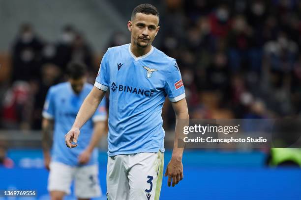 Luiz Felipe of SS Lazio looks on during the Coppa Italia match between AC Milan ac SS Lazio at Stadio Giuseppe Meazza on February 09, 2022 in Milan,...