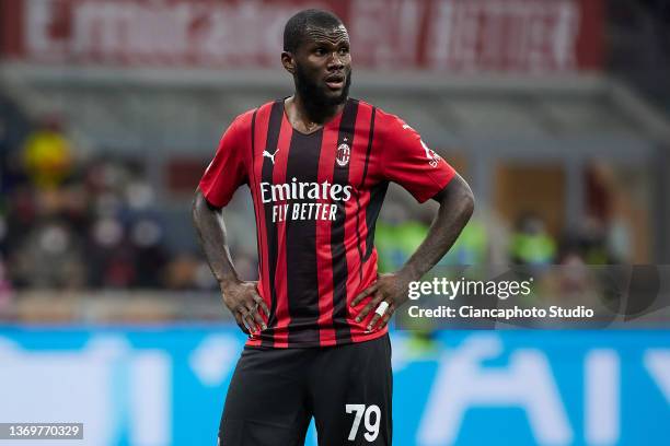 Franck Kessie of AC Milan looks on during the Coppa Italia match between AC Milan ac SS Lazio at Stadio Giuseppe Meazza on February 09, 2022 in...