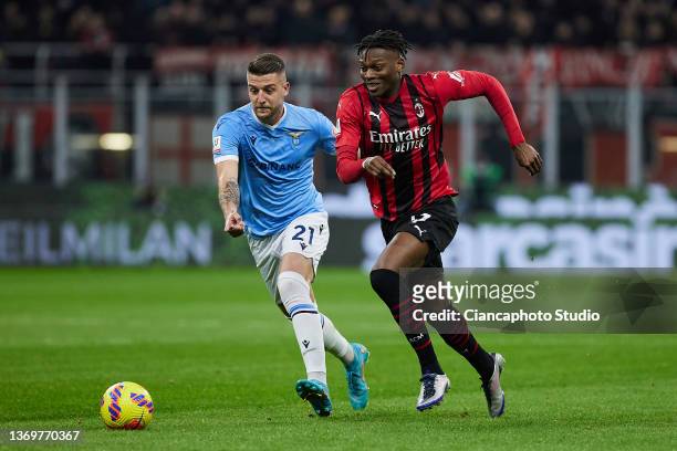 Rafael Leao of AC Milan competes for the ball with Sergej Milinkovic-Savic of SS Lazio during the Coppa Italia match between AC Milan ac SS Lazio at...