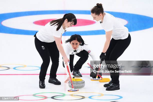 Hailey Duff, Eve Muirhead and Jennifer Dodds of Team Great Britain compete against Team Sweden during the Women's Round Robin Session Two on Day 6 of...