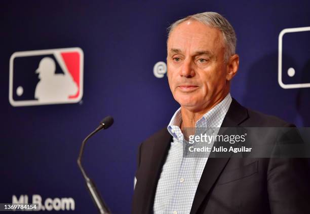 Major League Baseball Commissioner Rob Manfred answers questions during an MLB owner's meeting at the Waldorf Astoria on February 10, 2022 in...