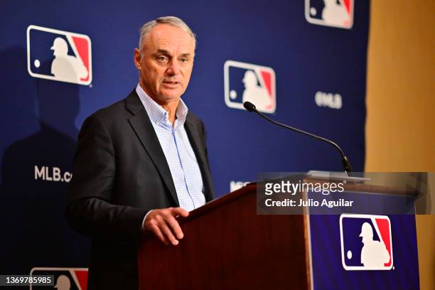 Major League Baseball Commissioner Rob Manfred answers questions during an MLB owner's meeting at the Waldorf Astoria on February 10, 2022 in...