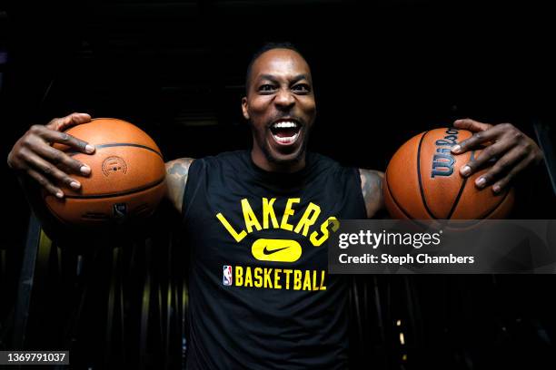 Dwight Howard of the Los Angeles Lakers reacts before the game against the Portland Trail Blazers at Moda Center on February 09, 2022 in Portland,...