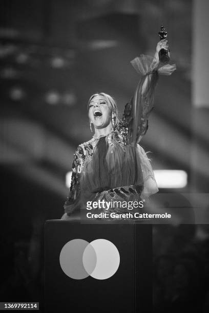 Becky Hill accepts the Best Dance Act award during The BRIT Awards 2022 at The O2 Arena on February 08, 2022 in London, England.