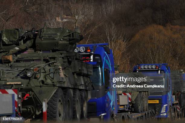 Military equipment of the US Army, which is being transported from Germany to Romania, is seen inside a military base, on February 10 in Ramnicu...