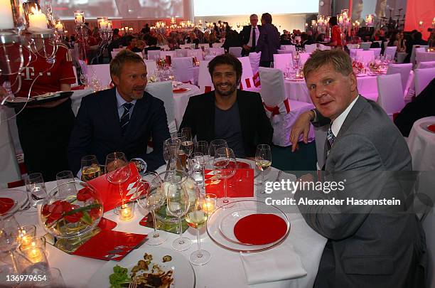 Thorsten Fink, Bixente Lizarazu and ;Stefan Effenberg attend the Uli Hoeness' 60th birthday celebration at Postpalast on January 13, 2012 in Munich,...