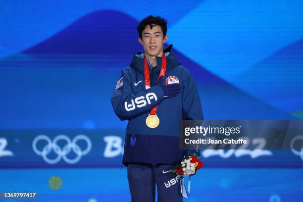 Gold medallist Nathan Chen of Team United States celebrates during the Figure Skating Men Single Skating medal ceremony on Day 6 of the Beijing 2022...