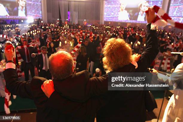 Uli Hoeness celebrates with Thomas Gottschalk at the Uli Hoeness' 60th birthday celebration at Postpalast on January 13, 2012 in Munich, Germany.