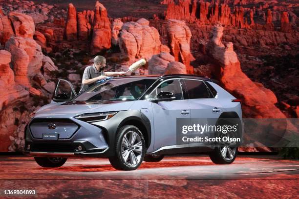 Subaru shows off the Solterra all-electric SUV during the Chicago Auto Show at McCormick Place convention center on February 10, 2022 in Chicago,...