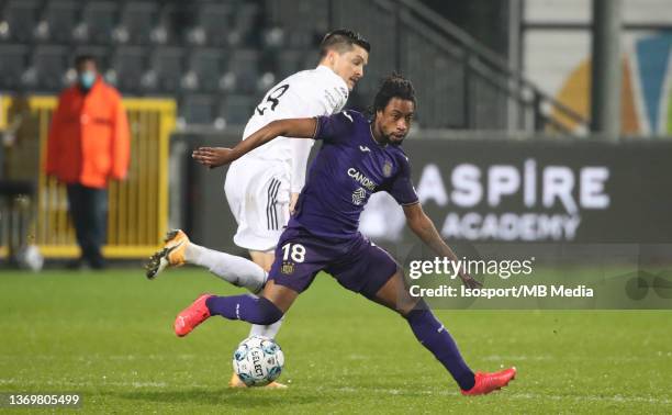 Majeed Ashimeru of Anderlecht battles for the ball with Stef Peeters of KAS Eupen during the Belgian Croky Cup 1/2 final first leg match between KAS...