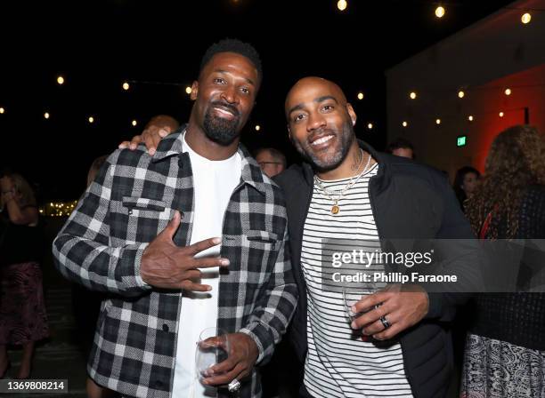 James Jones and DeAngelo Hall attend the Luxe Tailgate hosted by Will Blackmon and Jordan Winery at L’Ermitage Beverly Hills on February 09, 2022 in...