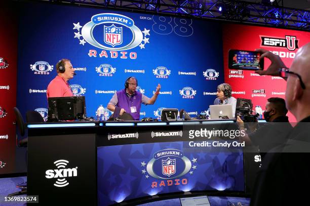 SiriusXM hosts Rich Gannon and Bruce Murray interview former NFL player Ron Jaworski during an interview on day 2 of SiriusXM at Super Bowl LVI on...