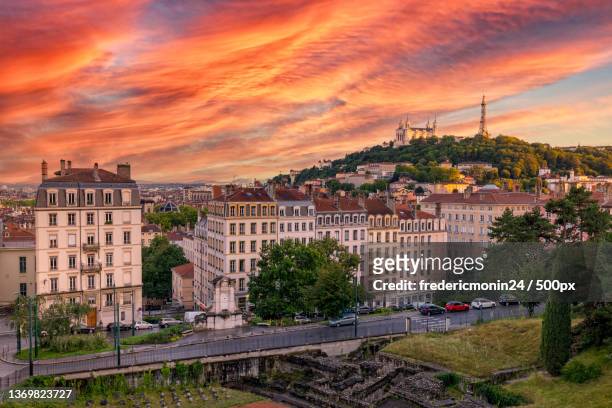 blue hour on lyon france,high angle view of buildings against sky during sunset,lyon,france - lyon stock pictures, royalty-free photos & images