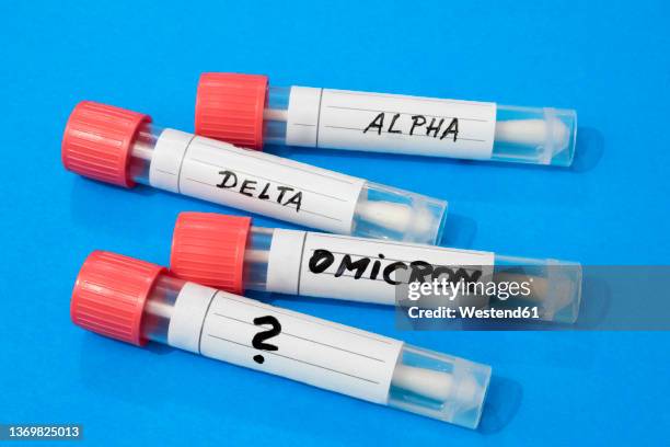 swab tubes with medical samples on blue background - genetische variant stockfoto's en -beelden